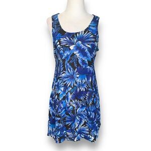 Vintage 90s Mini Dress Sleeveless Black Blue Tropical Palm Print Scoop Neck